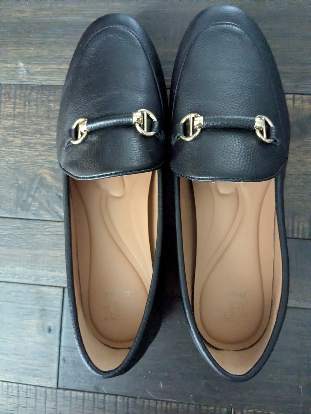 Dune London Black Leather Loafers with Gold Bit